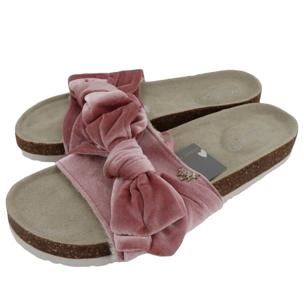 Pretty You London 9US 7UK Pink Rose Velvet Velour Bow Footbed Slide Slippers NEW